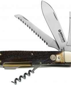 Boker Hunting Quadro BO110649, 3.3" CPM-CruWear Satin Spear, Guthook, Saw Blade, Corkscrew, Brown Stag Handle