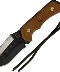 TOPS Knives XcEST Bravo Fixed Blade XCEST-B, 3.25" 440C Black Double Edge Blade, Brown Canvas Micarta Handles, Black Nylon Sheath w/ TOPS Survival Kit