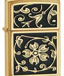 Zippo Z20903 Classic, Gold Floral Flush Emblem, Brushed Brass